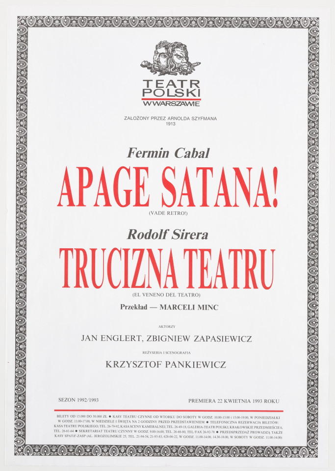 Zadrukowany tekstem plakat z logotypem Teatru Polskiego w Warszawie.