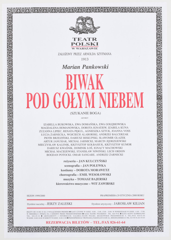 Zadrukowany tekstem plakat z czerwonym tytułem spektaklu i logotypem Teatru Polskiego w Warszawie.