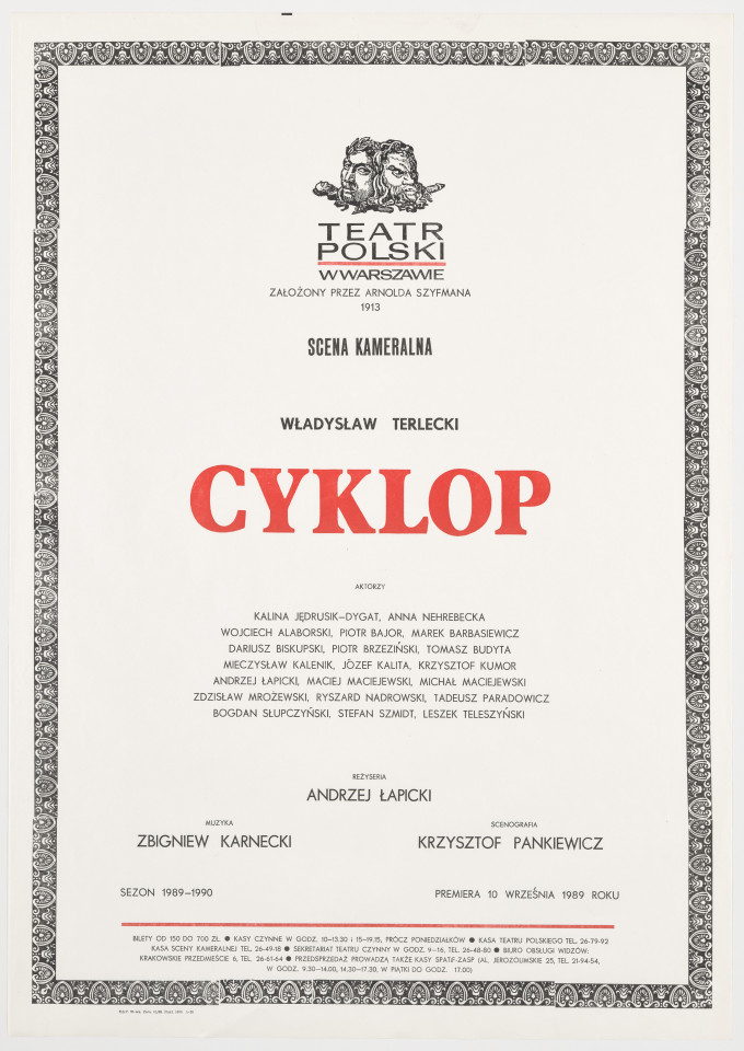 Zadrukowany tekstem plakat z czerwonym tytułem spektaklu i logotypem Teatru Polskiego w Warszawie.