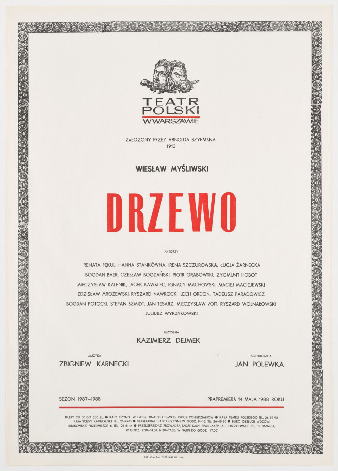 Zadrukowany tekstem plakat z czerwonym tytułem spektaklu i logotypem Teatru Polskiego w Warszawie.