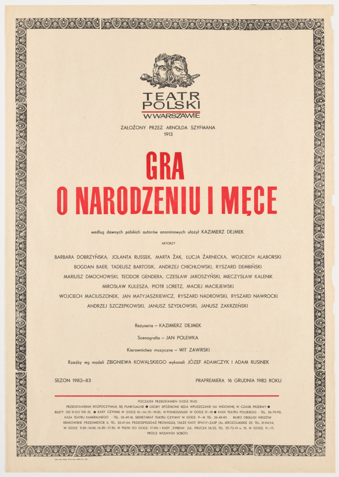 Zadrukowany tekstem plakat z czerwonym tytułem spektaklu i logotypem Teatru Polskiego w Warszawie.