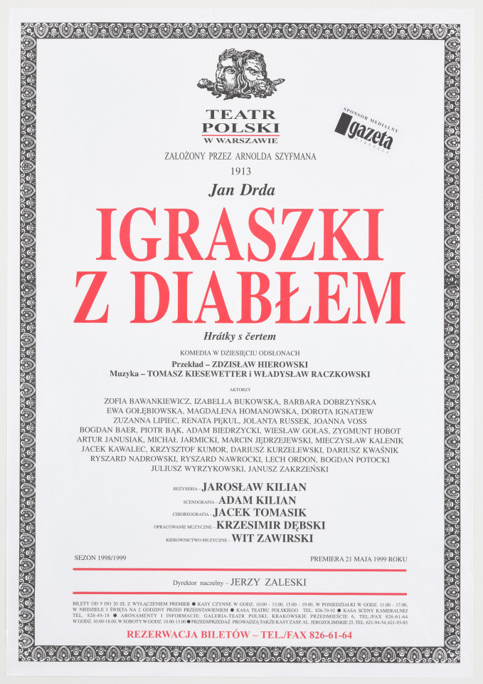 Zadrukowany tekstem plakat z czerwonym tytułem spektaklu i logotypem Teatru Polskiego w Warszawie.