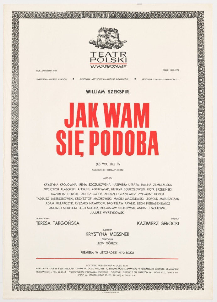 Zadrukowany tekstem plakat z czerwonym tytułem spektaklu i logotypem Teatru Polskiego w Warszawie.