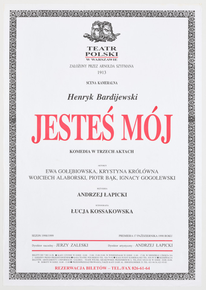 Zadrukowany tekstem plakat z czerwonym tytułem spektaklu i logotypem Teatru Polskiego w Warszawie.