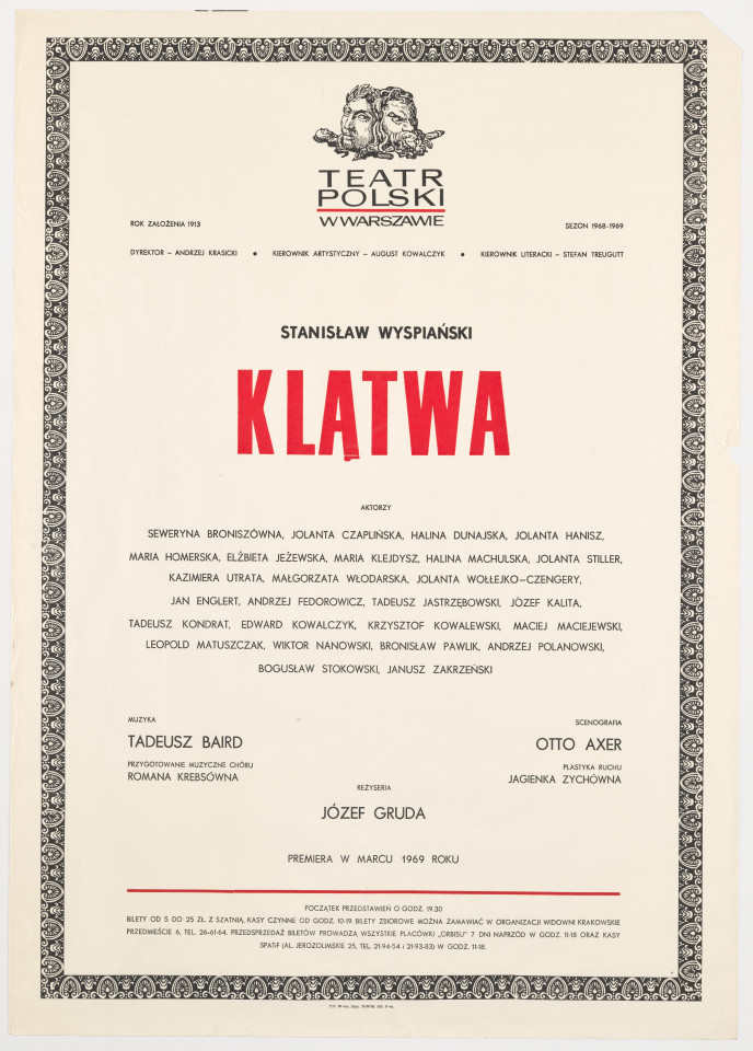 Zadrukowany tekstem plakat z czerwonym tytułem spektaklu i logotypem Teatru Polskiego w Warszawie.