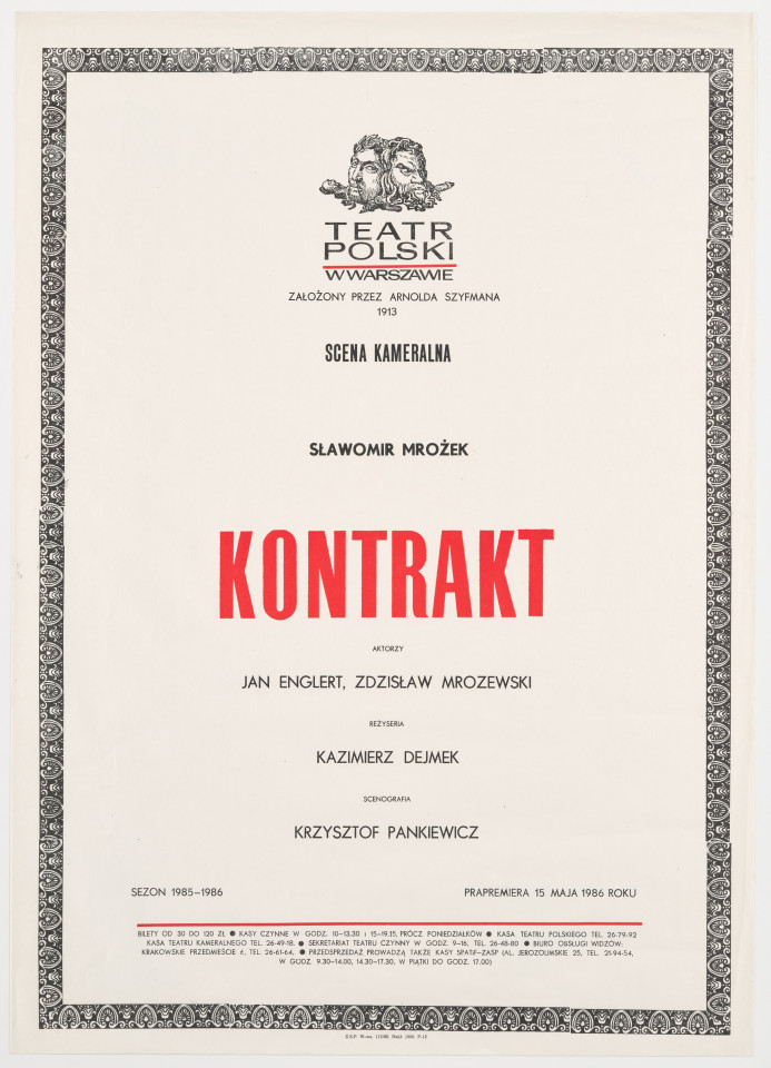 Zadrukowany tekstem plakat z czerwonym tytułem spektaklu i logotypem Teatru Polskiego w Warszawie.