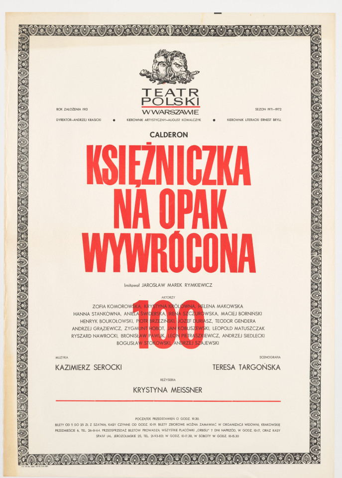 Zadrukowany tekstem plakat z czerwonym tytułem spektaklu i logotypem Teatru Polskiego w Warszawie.