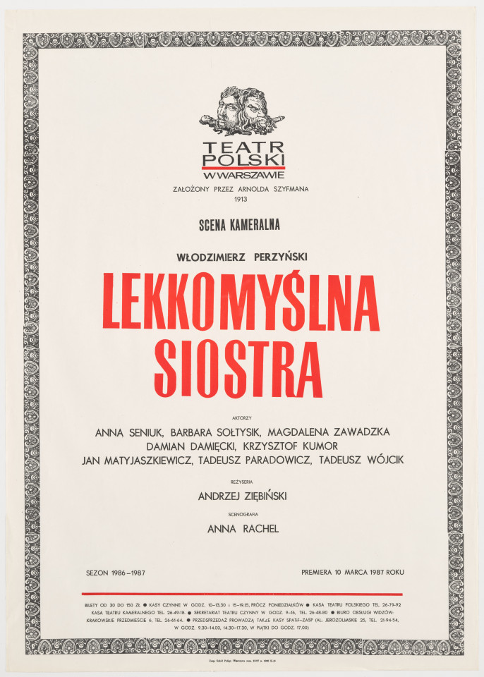 Zadrukowany tekstem plakat z czerwonym tytułem spektaklu i logotypem Teatru Polskiego w Warszawie.