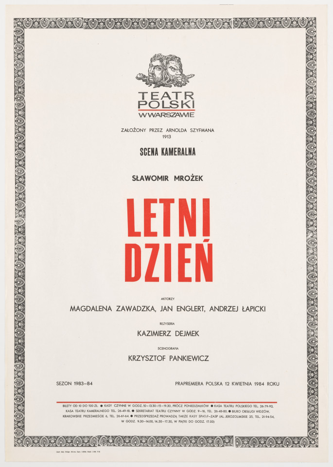 Zadrukowany tekstem plakat z czerwonym tytułem spektaklu i logotypem Teatru Polskiego w Warszawie.