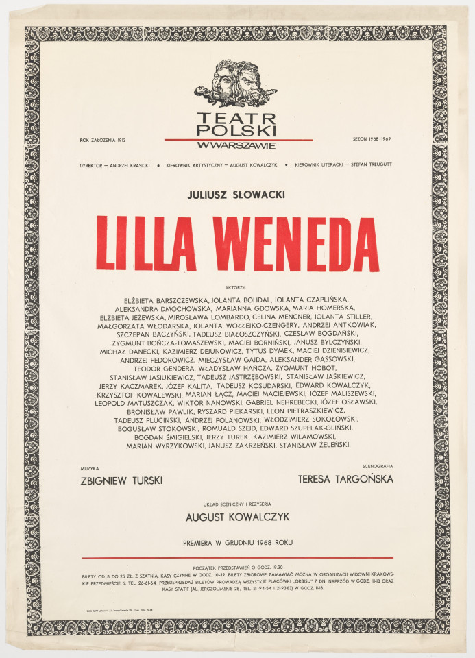 Zadrukowany tekstem plakat z czerwonym tytułem spektaklu i logotypem Teatru Polskiego w Warszawie.