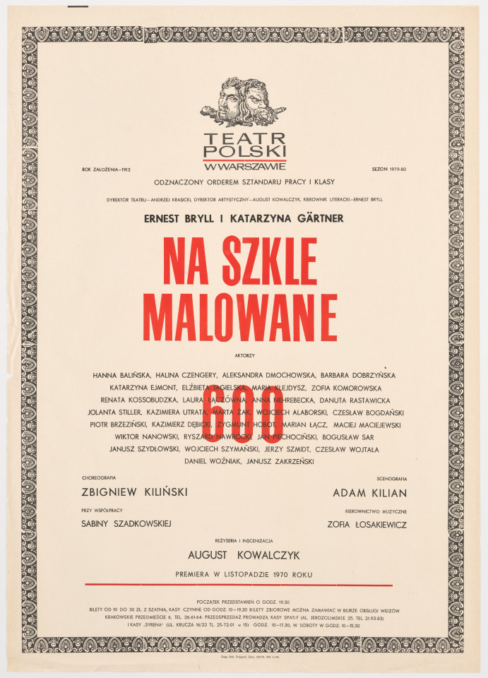 Zadrukowany tekstem plakat z czerwonym tytułem spektaklu i logotypem Teatru Polskiego w Warszawie.