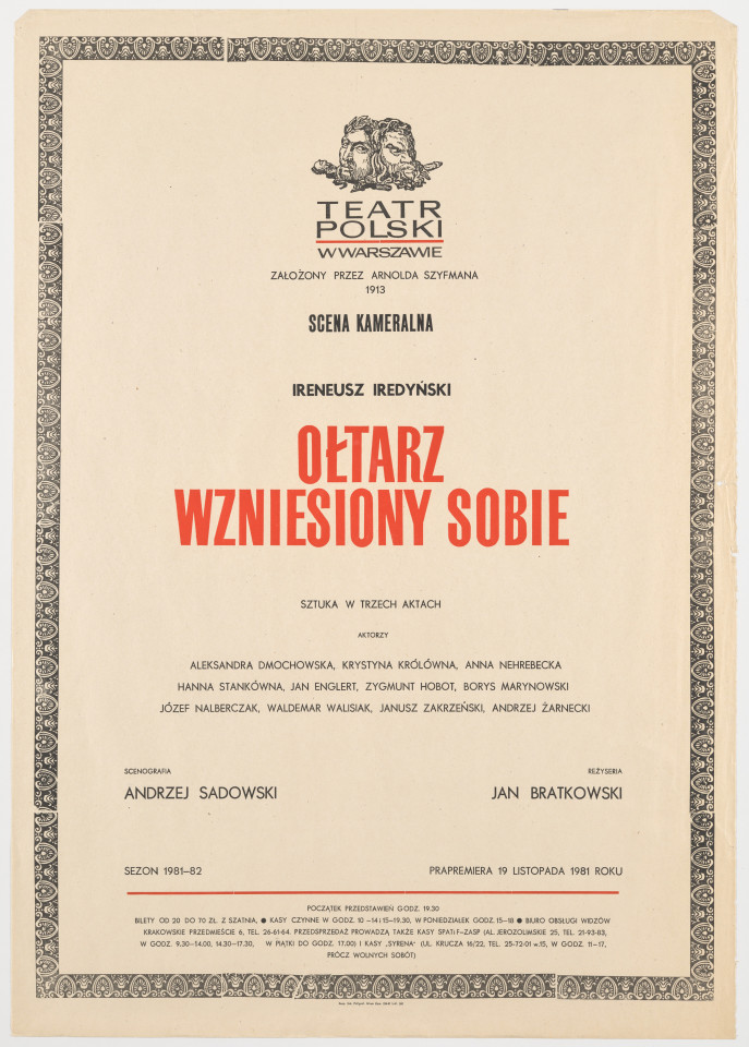 Zadrukowany tekstem plakat z czerwonym tytułem spektaklu i logotypem Teatru Polskiego w Warszawie.