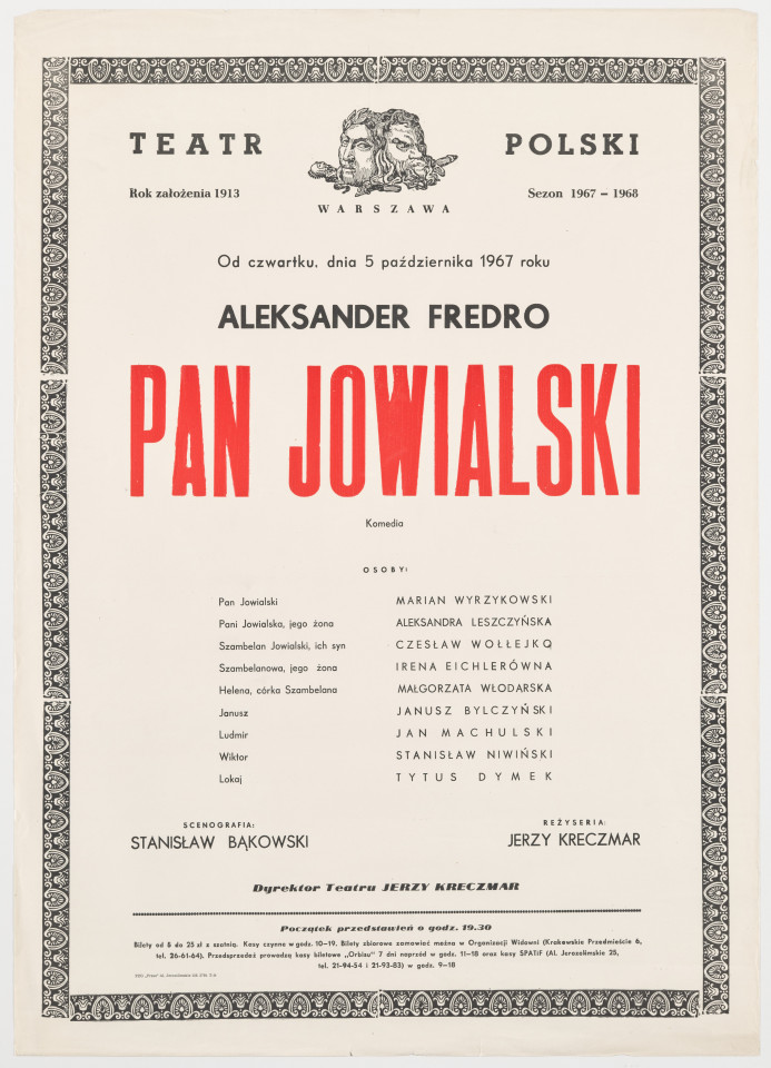 Zadrukowany tekstem plakat z czerwonym tytułem spektaklu i logotypem Teatru Polskiego w Warszawie.