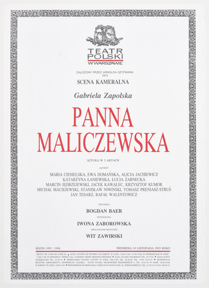 Zadrukowany tekstem plakat z czerwonym tytułem spektaklu i logotypem Teatru Polskiego w Warszawie.