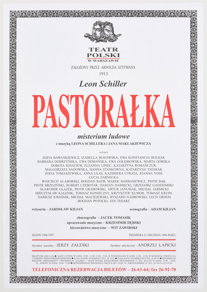 Zadrukowany tekstem plakat z czerwonym tytułem spektaklu i logotypem Teatru Polskiego w Warszawie.