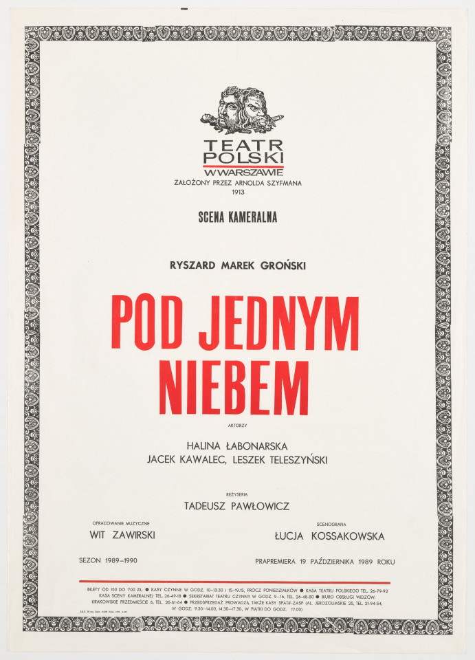 Zadrukowany tekstem plakat z czerwonym tytułem spektaklu i logotypem Teatru Polskiego w Warszawie.