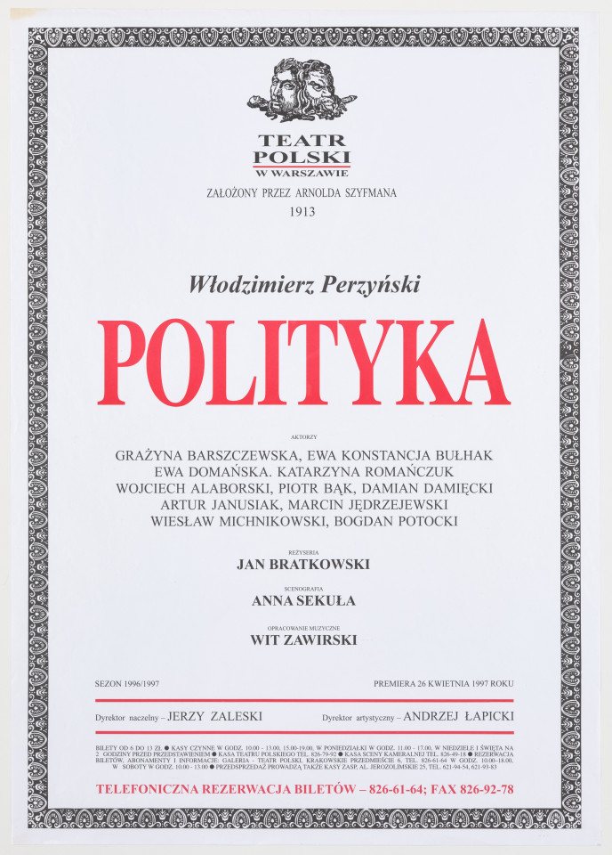 Zadrukowany tekstem plakat z czerwonym tytułem spektaklu i logotypem Teatru Polskiego w Warszawie.