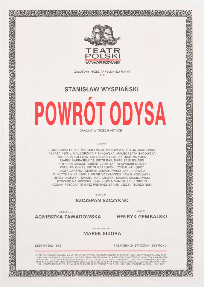 Zadrukowany tekstem plakat z czerwonym tytułem spektaklu i logotypem Teatru Polskiego w Warszawie.