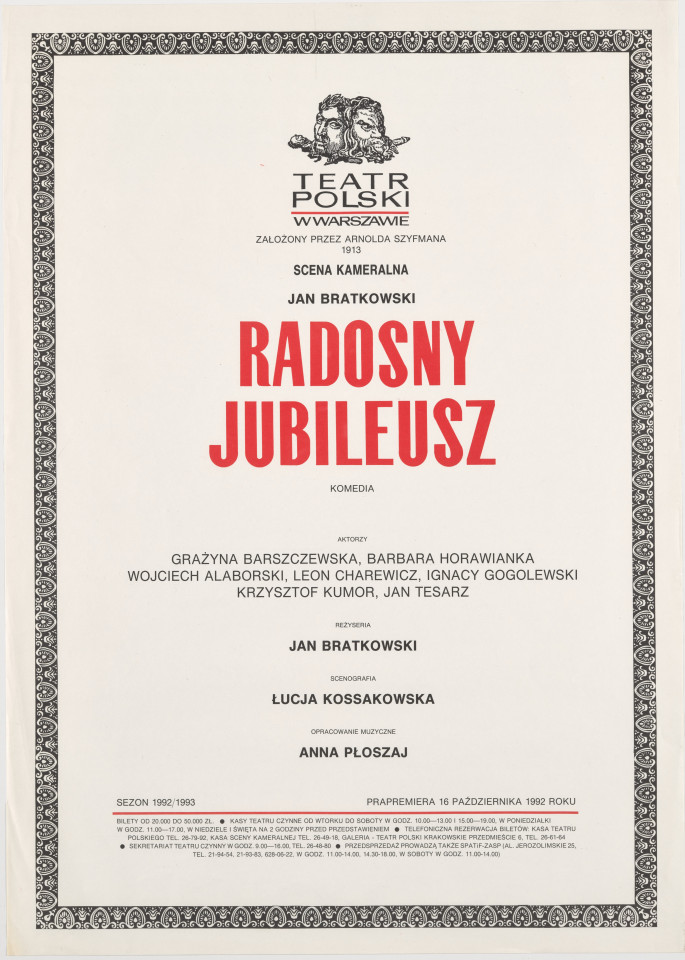 Zadrukowany tekstem plakat z czerwonym tytułem spektaklu i logotypem Teatru Polskiego w Warszawie.