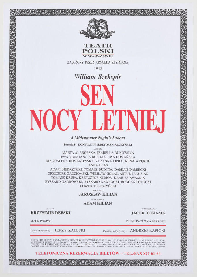 Zadrukowany tekstem plakat z czerwonym tytułem spektaklu i logotypem Teatru Polskiego w Warszawie.