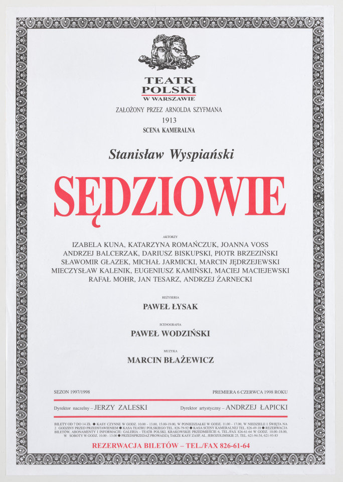 Zadrukowany tekstem plakat z czerwonym tytułem spektaklu i logotypem Teatru Polskiego w Warszawie.