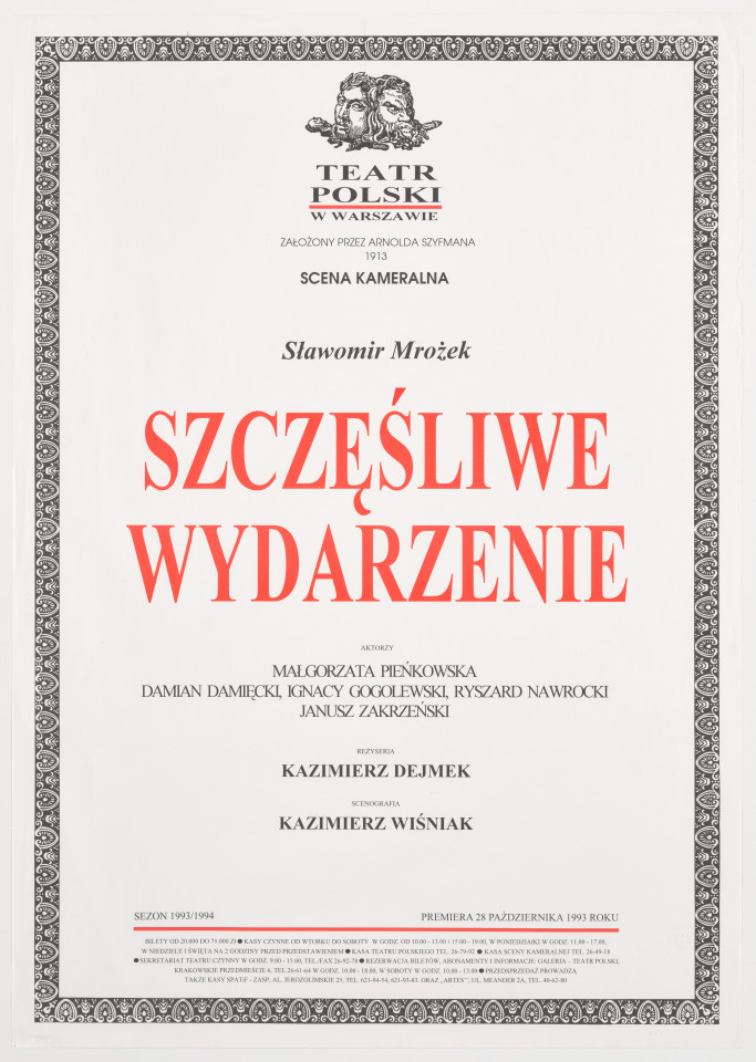 Zadrukowany tekstem plakat z czerwonym tytułem spektaklu i logotypem Teatru Polskiego w Warszawie.