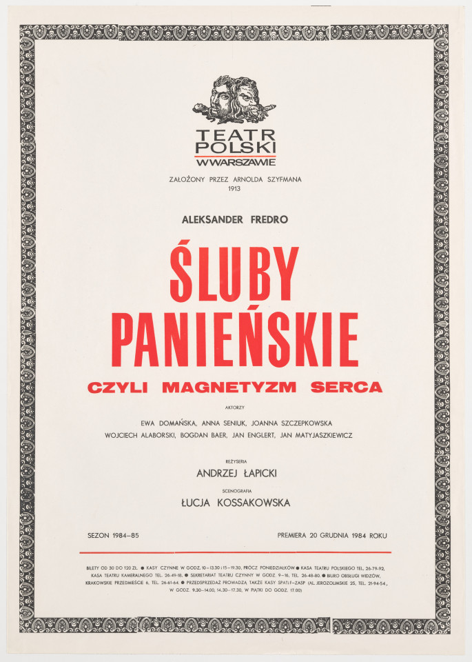 Zadrukowany tekstem plakat z czerwonym tytułem spektaklu i logotypem Teatru Polskiego w Warszawie.