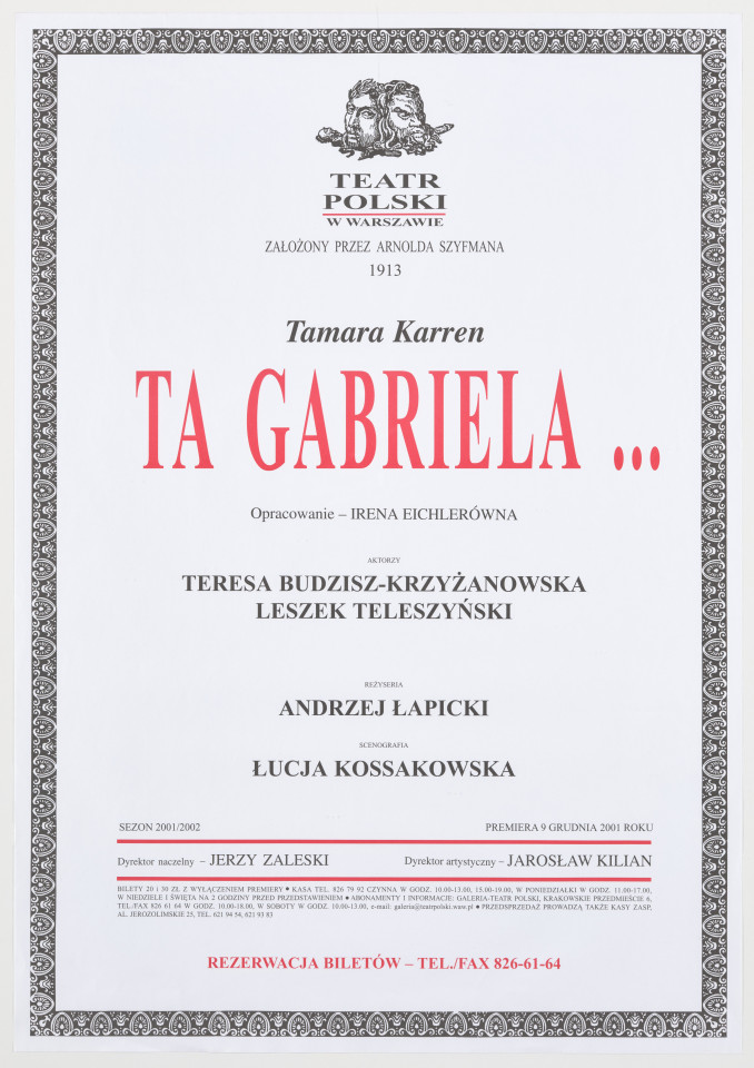 Zadrukowany tekstem plakat z czerwonym tytułem spektaklu i logotypem Teatru Polskiego w Warszawie.