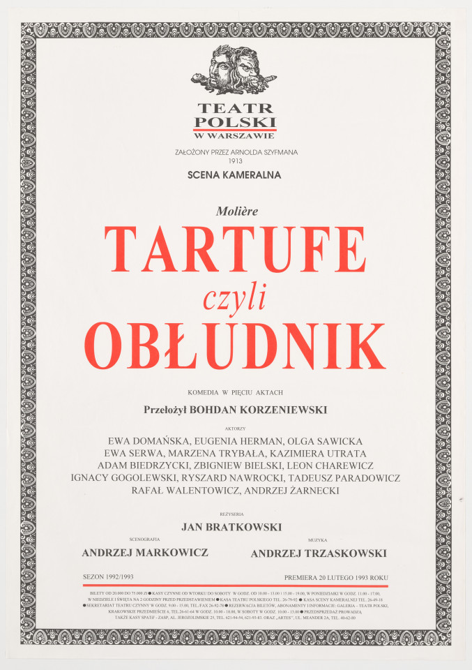 Zadrukowany tekstem plakat z czerwonym tytułem spektaklu i logotypem Teatru Polskiego w Warszawie.