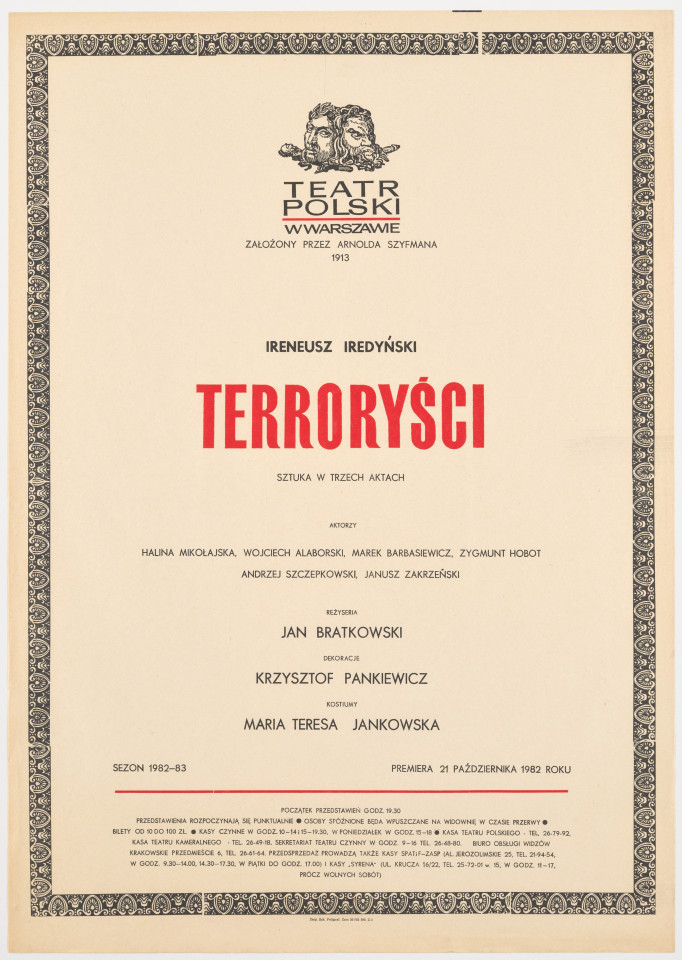 Zadrukowany tekstem plakat z czerwonym tytułem spektaklu i logotypem Teatru Polskiego w Warszawie.