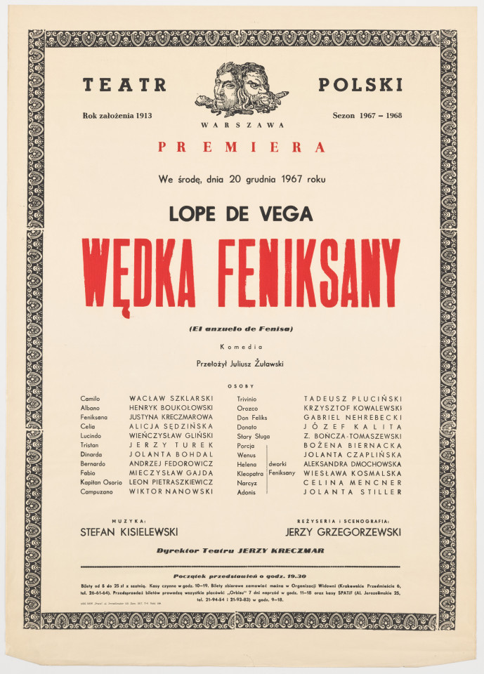 Zadrukowany tekstem plakat z czerwonym tytułem spektaklu i logotypem Teatru Polskiego w Warszawie.