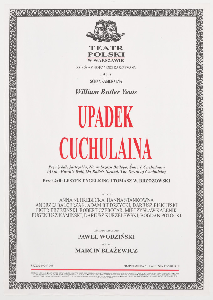 Zadrukowany tekstem plakat z czerwonym tytułem spektaklu i logotypem Teatru Polskiego w Warszawie.