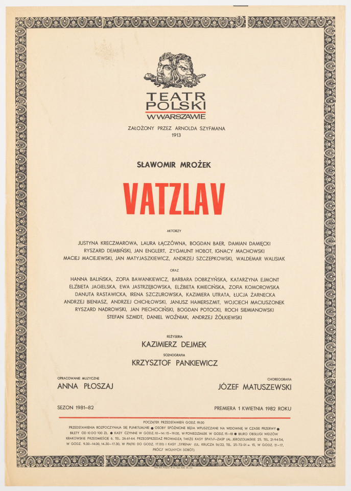 Zadrukowany tekstem plakat z czerwonym tytułem spektaklu i logotypem Teatru Polskiego w Warszawie.