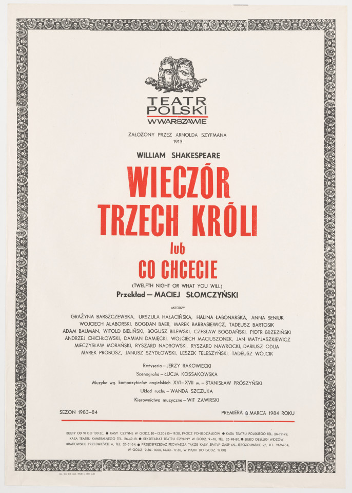 Zadrukowany tekstem plakat z czerwonym tytułem spektaklu i logotypem Teatru Polskiego w Warszawie.