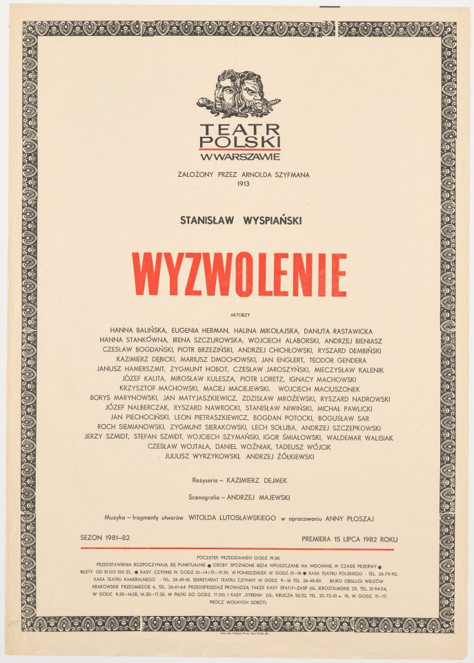 Zadrukowany tekstem plakat z czerwonym tytułem spektaklu i logotypem Teatru Polskiego w Warszawie.