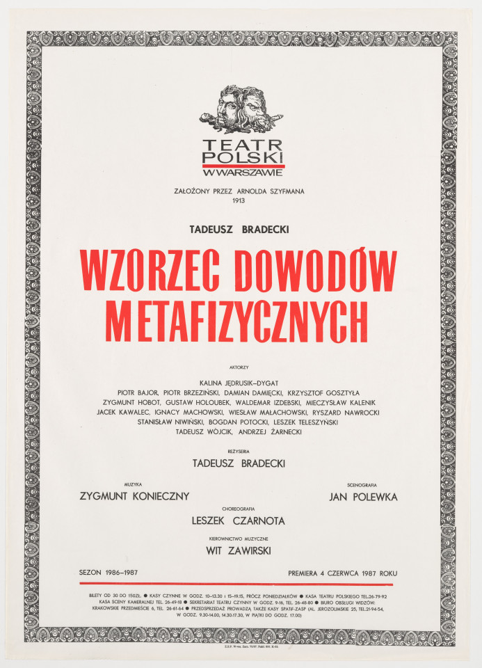 Zadrukowany tekstem plakat z czerwonym tytułem spektaklu i logotypem Teatru Polskiego w Warszawie.