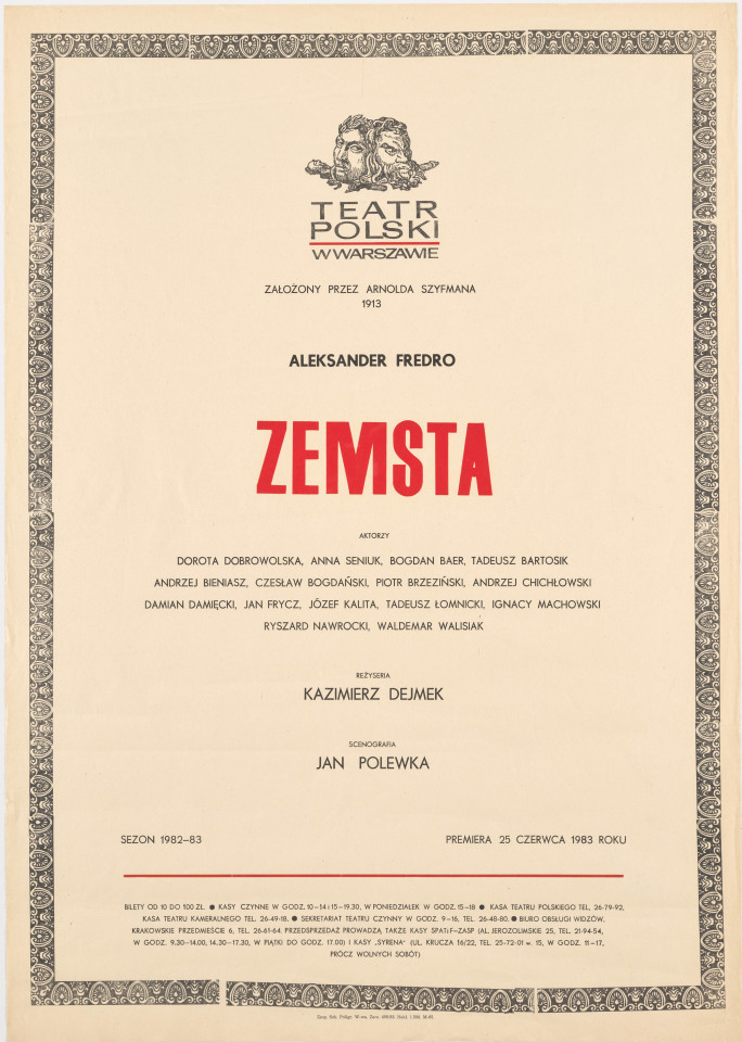 Zadrukowany tekstem plakat z czerwonym tytułem spektaklu i logotypem Teatru Polskiego w Warszawie.