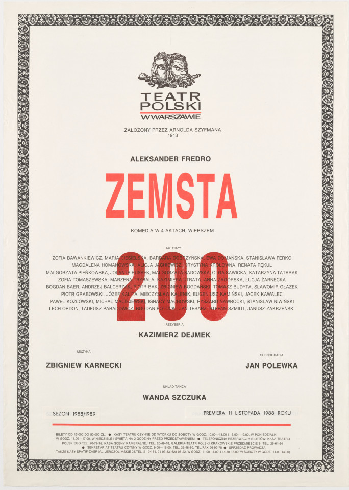 Zadrukowany tekstem plakat z czerwonym tytułem spektaklu i logotypem Teatru Polskiego w Warszawie.