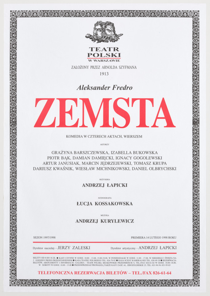 Zadrukowany tekstem plakat z czerwonym tytułem spektaklu i logotypem Teatru Polskiego w Warszawie.