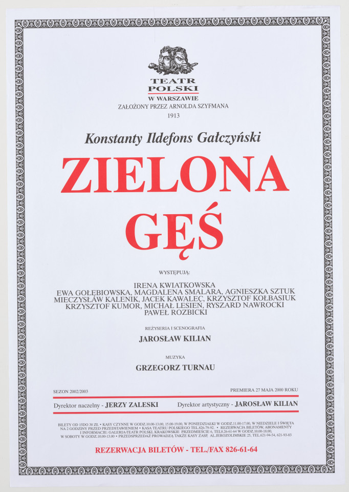 Zadrukowany tekstem plakat z czerwonym tytułem spektaklu i logotypem Teatru Polskiego w Warszawie.