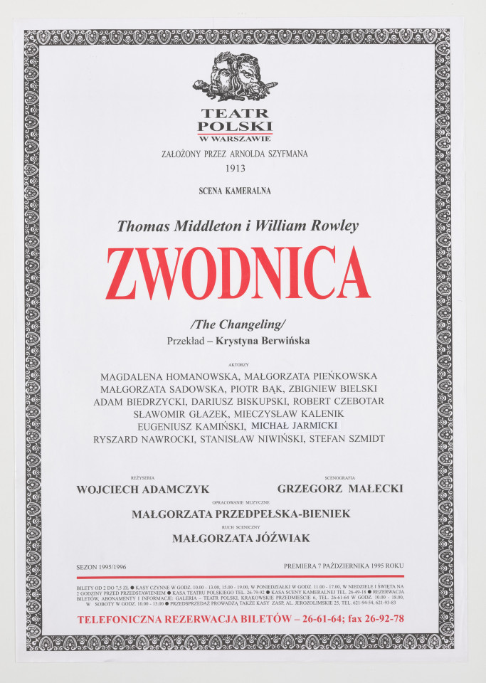 Zadrukowany tekstem plakat z czerwonym tytułem spektaklu i logotypem Teatru Polskiego w Warszawie.