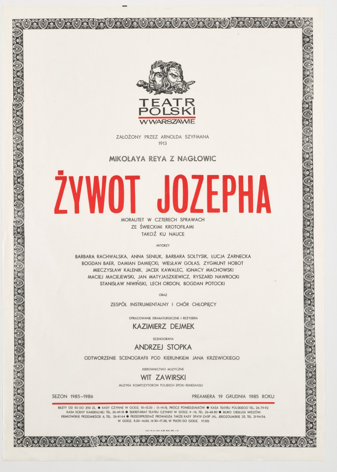 Zadrukowany tekstem plakat z czerwonym tytułem spektaklu i logotypem Teatru Polskiego w Warszawie.