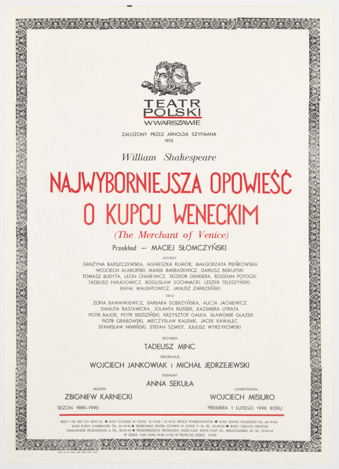 Zadrukowany tekstem plakat z czerwonym tytułem spektaklu i logotypem Teatru Polskiego w Warszawie.