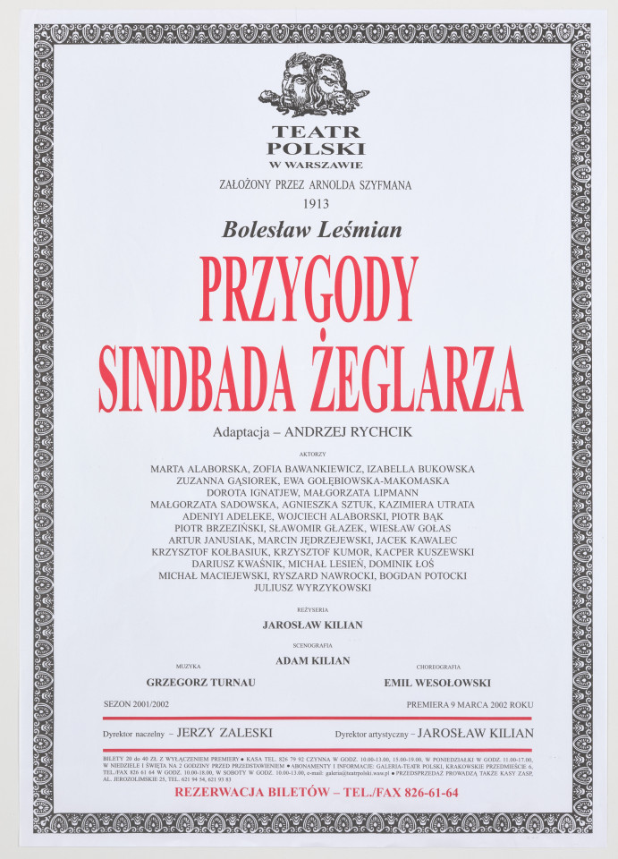 Zadrukowany tekstem plakat z czerwonym tytułem spektaklu i logotypem Teatru Polskiego w Warszawie.